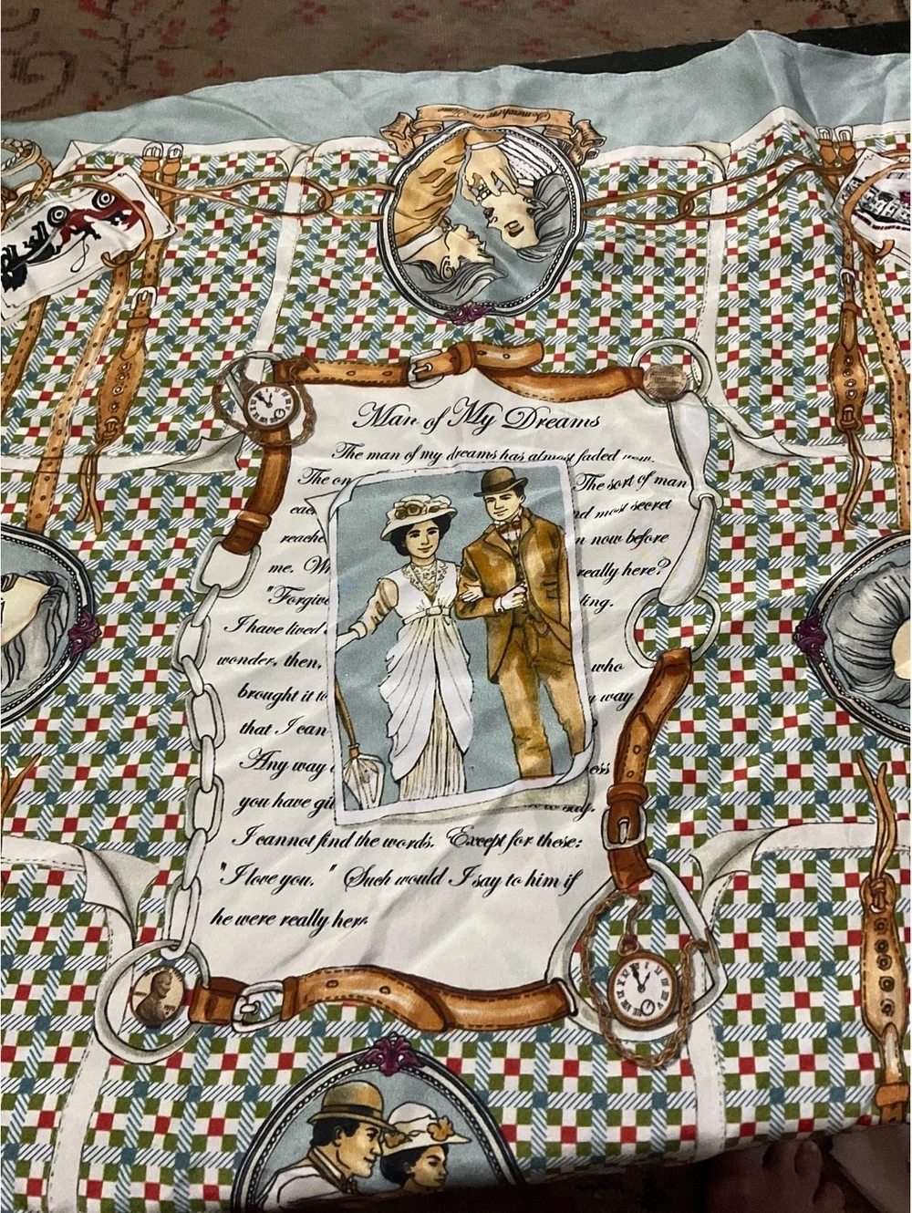 Jane Seymour Designs Silk Scarf/ Vintage Inspired Portraits /Leather Belt Motif